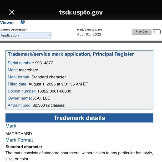 Détails concernant la marque MacroHard par xAI, en attente pour le 1er août 2025, coût 2 300 €.