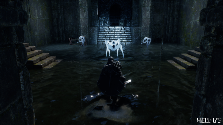 Personnage sombre face à des créatures blanches.