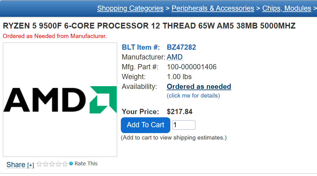 RYZEN 5 9500F processor listed with price $217.84, availability status Ordered as needed, and AMD logo visible.