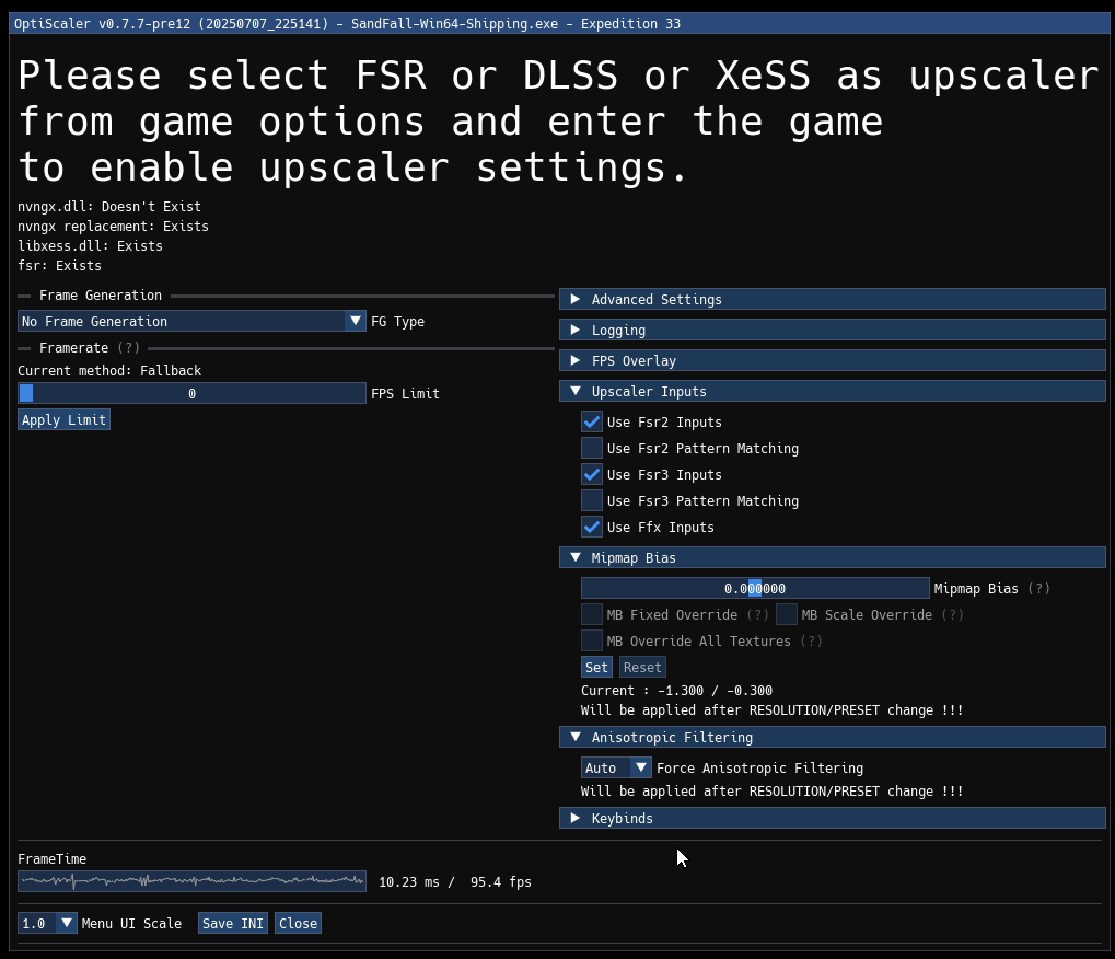 Interface OptiScaler v0.7.7-pre12 avec texte conseillant de sélectionner FSR, DLSS, ou XeSS comme upscalers des options de jeu.
