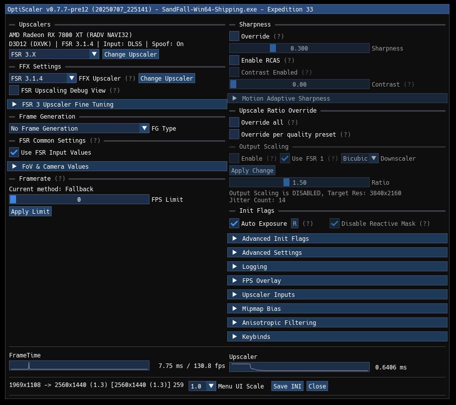 Écran des paramètres OptiScaler v0.7.7-pre12 avec AMD Radeon RX 7800 XT, FSR 3.1.4, et Limite Appliquer à 0 FPS.