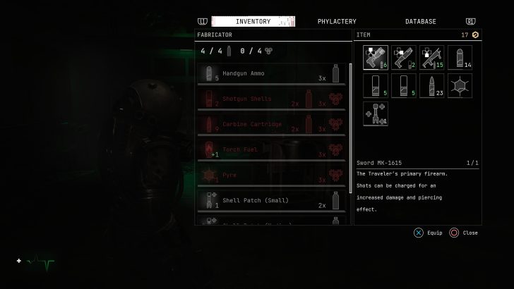 Écran d'inventaire affichant les détails du Sword MK-1615 avec les munitions et objets disponibles.