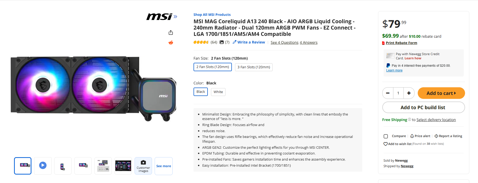 Refroidisseur MSI MAG Coreliquid A13 240 Black affiché sur Newegg.