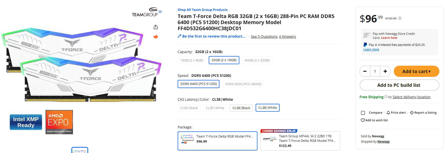 Kit RAM Team T-Force Delta RGB 32 Go présenté sur une page e-commerce.
