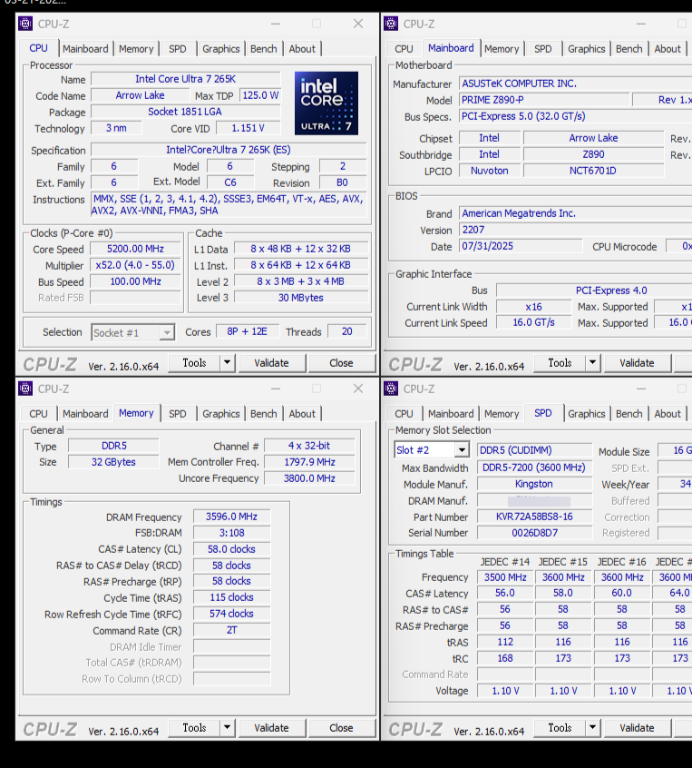 CPU-Z screen displaying Intel Core Ultra 7 265K details, ASUS PRIME Z890-P motherboard, and Kingston DDR5 memory specs.