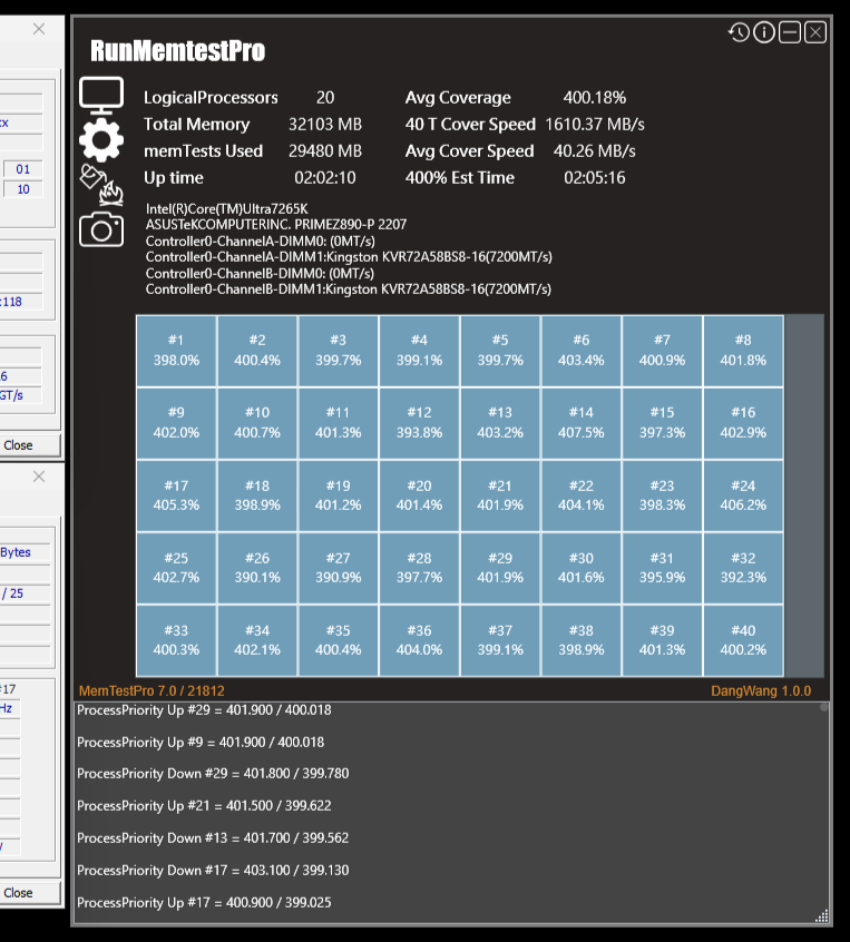 RunMemtestPro window shows 20 logical processors, total memory 32103 MB, memTests used 29480 MB, and average coverage 400.18%.