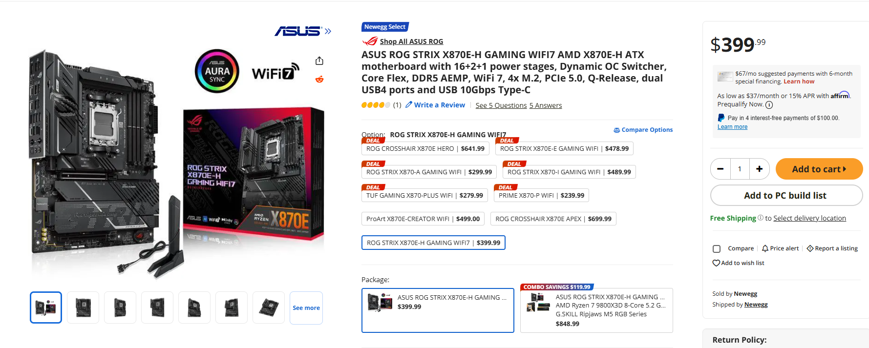 Carte mère ASUS ROG STRIX X870E-H GAMING WIFI7 affichée à 399,99 € sur Newegg.