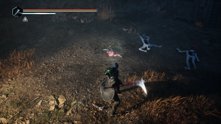 Scène de jeu montrant un personnage avec une arme.