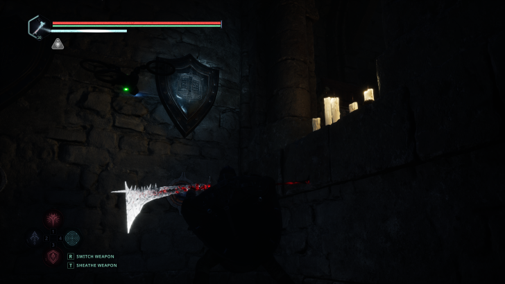 Un personnage avec une arme près d'un mur de pierre.