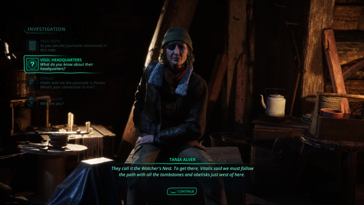 Dialogue de personnage de jeu avec le nom Tania Alver.