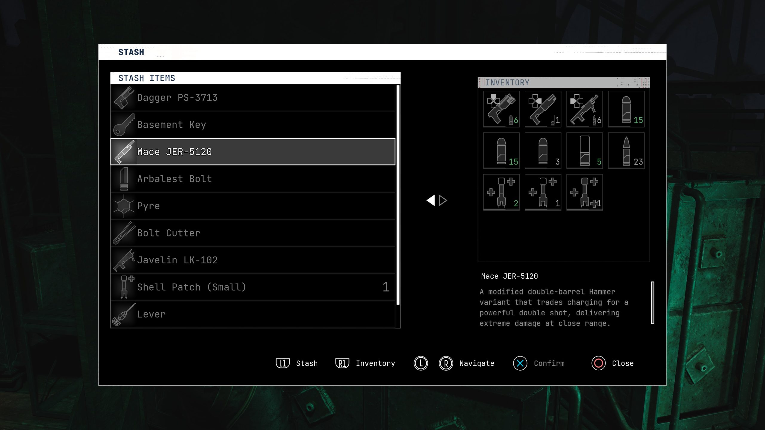 Écran d'inventaire de Cronos: The New Dawn avec la Mace JER-5120