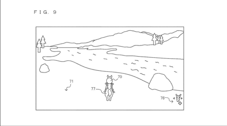 FIG. 9 shows a landscape sketch with numbered elements, including a character labeled 70 and terrain features.