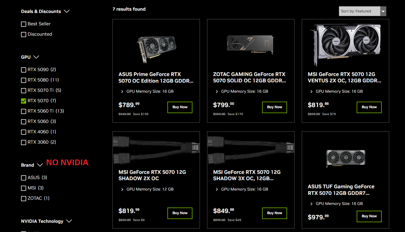 ASUS, ZOTAC, et MSI GeForce RTX 5070 listés avec options d'achat.