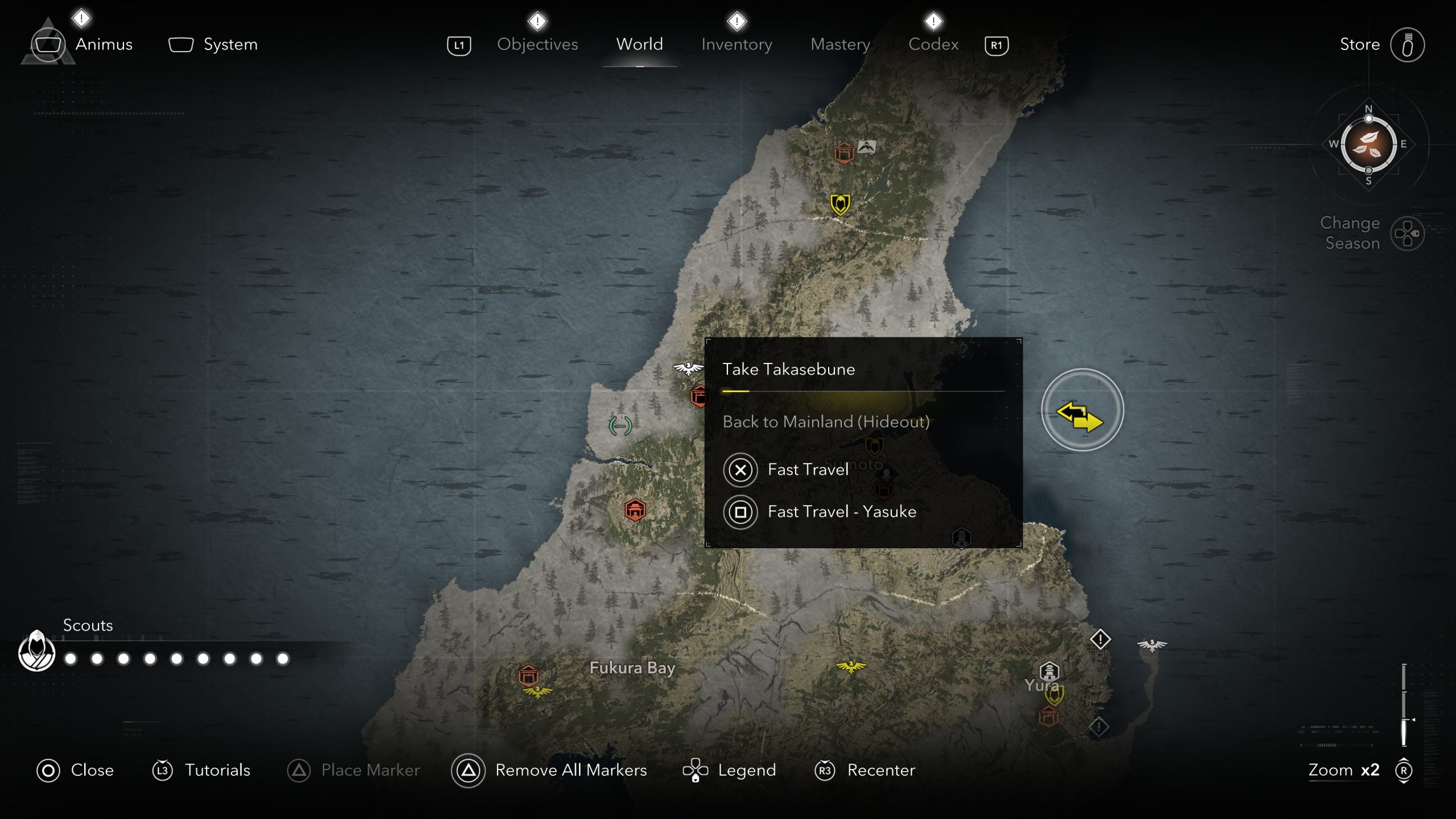 Écran de carte d'Assassin's Creed Shadows: Claws of Awaji montrant 'Prendre Takasebune' avec des options de téléportation près de la baie de Fukura.