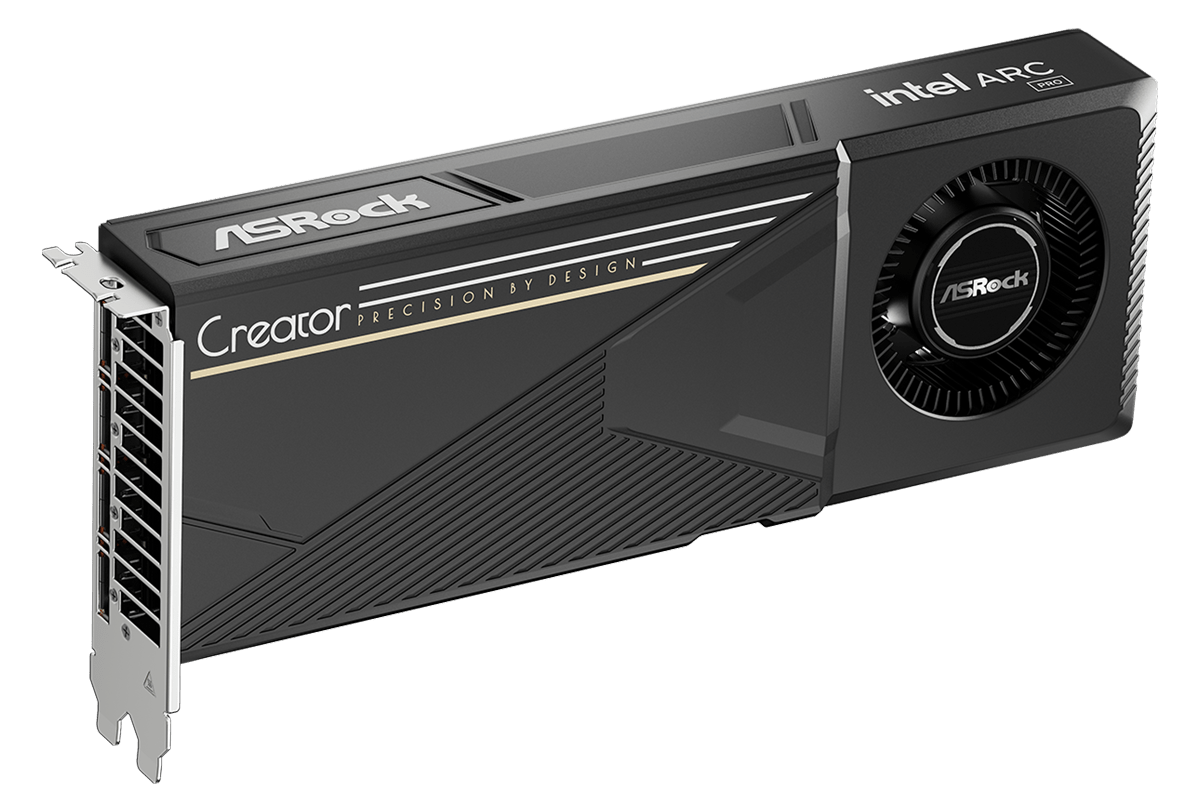 Carte graphique ASRock avec marque Intel ARC et étiquette Creator.