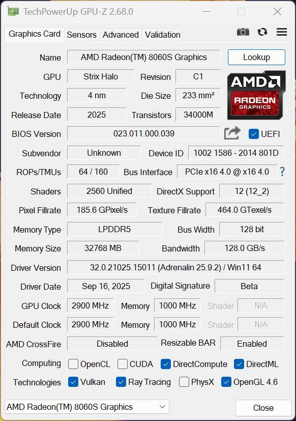 Détails de l'AMD Radeon(TM) 8060S avec GPU Strix Halo.