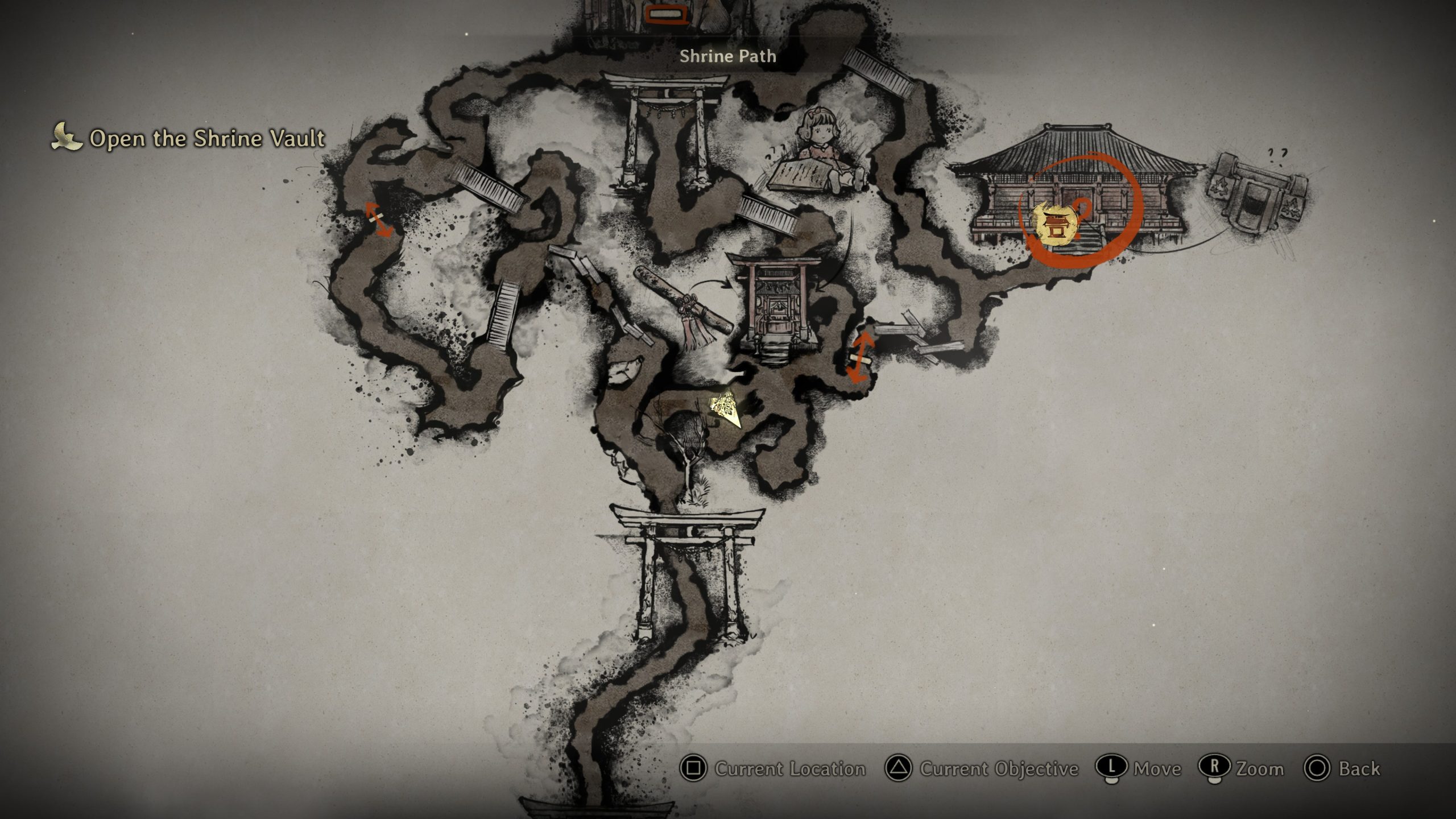 Écran de carte montrant les indications pour ouvrir le Shrine Vault.