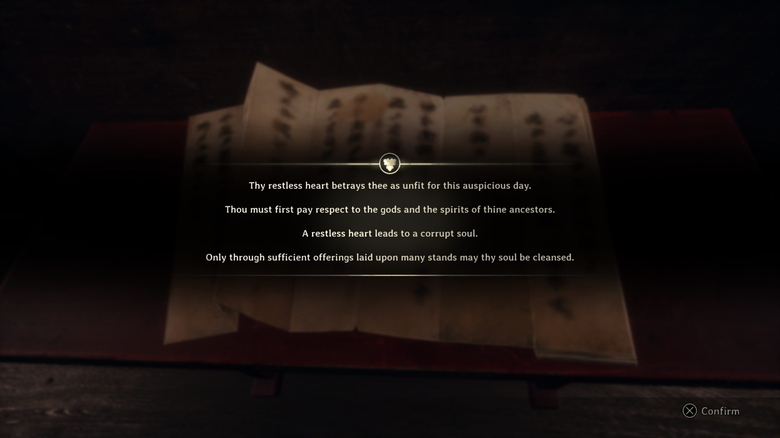 Texte Thy restless heart betrays thee sur l'écran d'un jeu avec une invite de confirmation.
