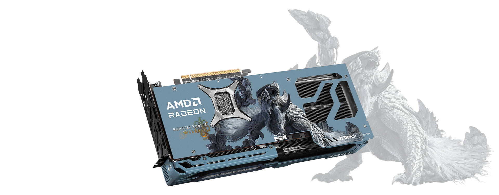 Carte graphique AMD Radeon avec branding Monster Hunter World et logo ASRock.
