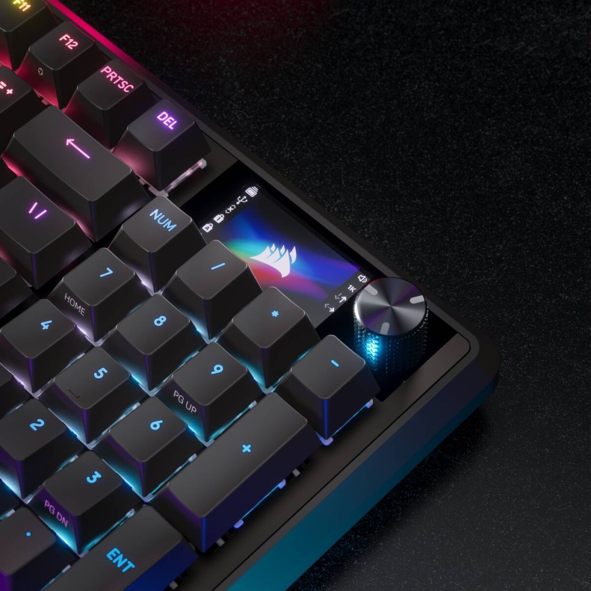 Corsair Vanguard Pro 96 Hall Effect gaming keyboard with built-in screen.