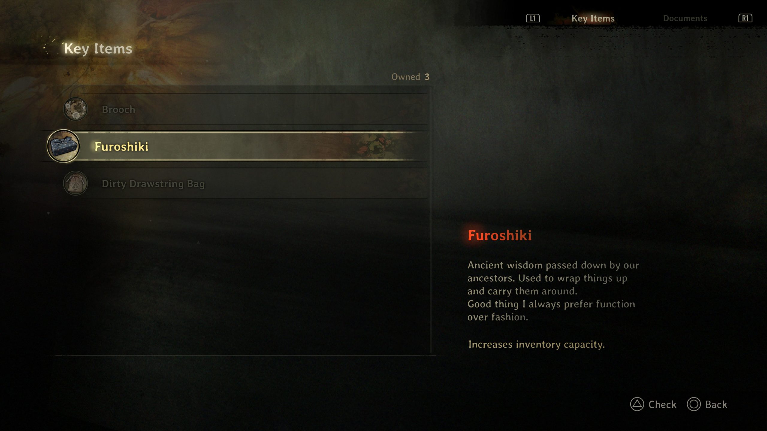 Écran d'inventaire Silent Hill f