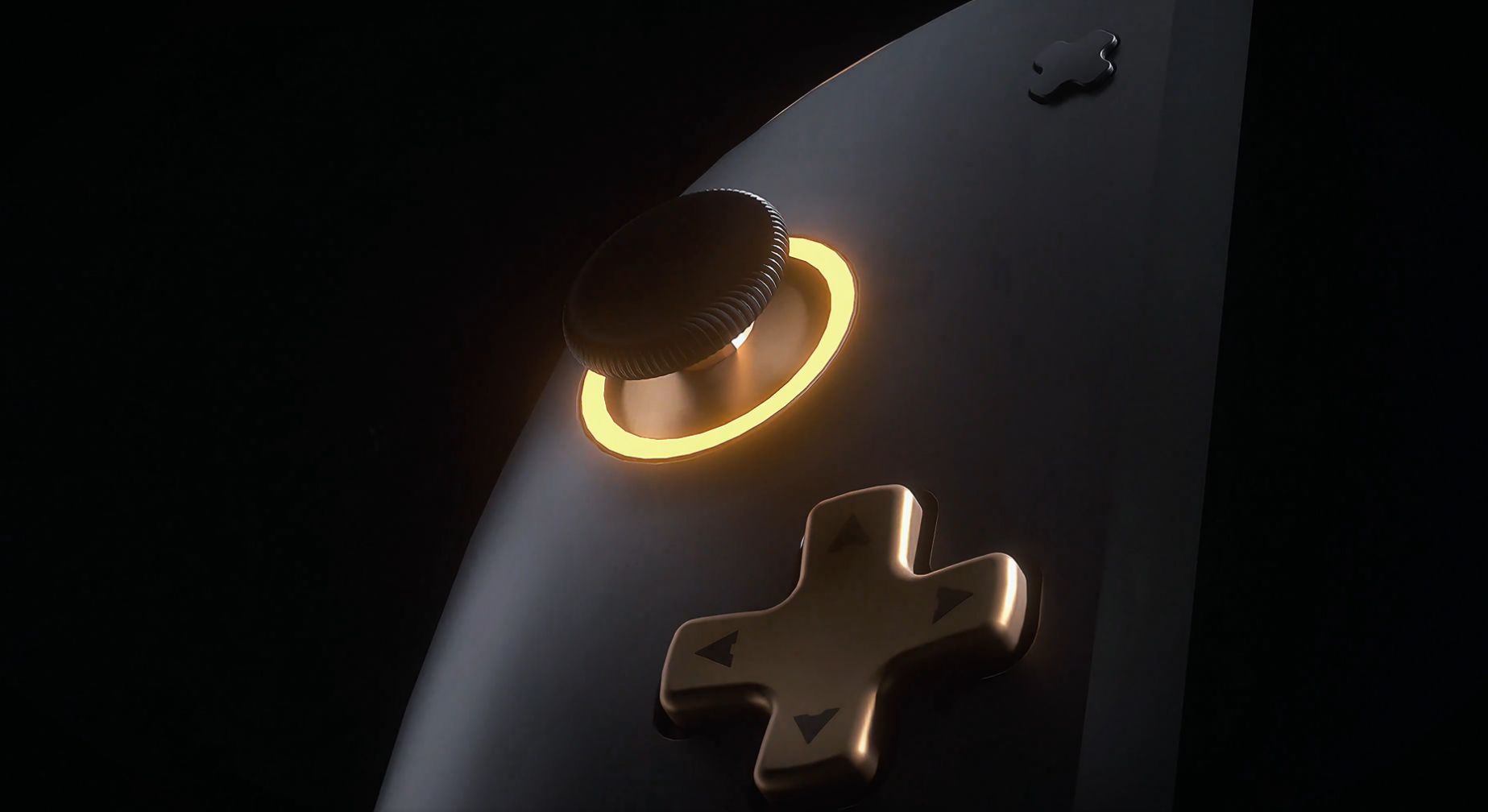 Contrôleur de jeu non marqué avec un joystick lumineux dans une lumière tamisée.