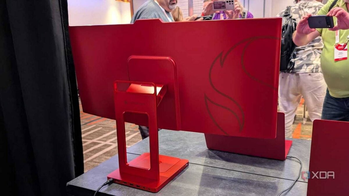 Prototype Qualcomm mini PC docked into a monitor base.