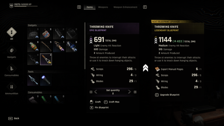 Écran d'amélioration du plan pour le couteau de lancé.