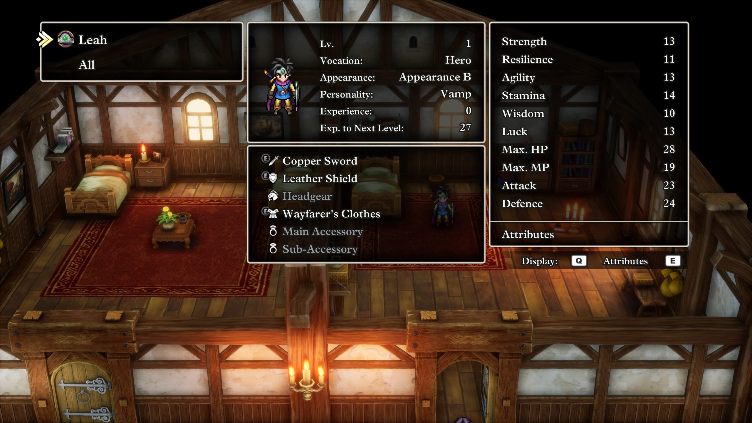 Ecran de statut de Dragon Quest III HD-2D Remake avec la personnalité Vamp