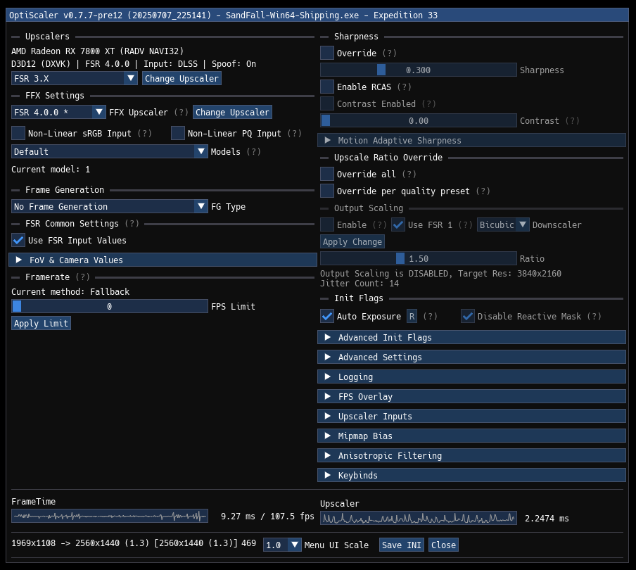 Interface de réglages OptiScaler avec AMD Radeon RX 7800 XT, affichant FSR 4.0.0 et une résolution de 3840x2160.
