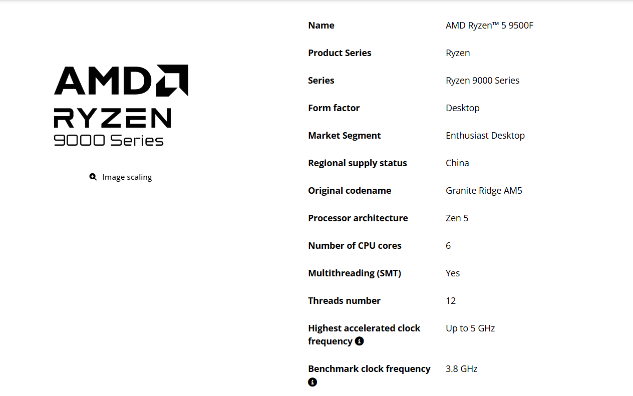 Caractéristiques spécifiées de l'AMD Ryzen 5 9500F avec architecture Zen 5, 6 cœurs, et fréquence allant jusqu'à 5 GHz.