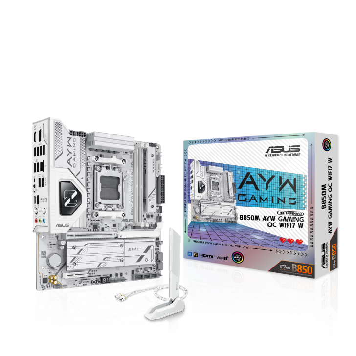 Carte mère ASUS B850M AYW Gaming OC : design dual-DIMM OC jusqu'à 10,400 MT/s, finition blanche éblouissante