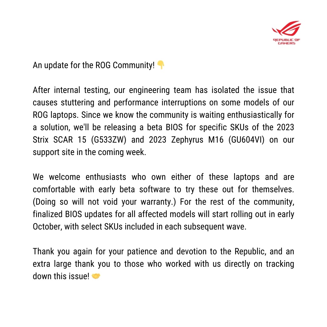 Mise à jour ROG mentionnant le BIOS bêta pour les ordinateurs portables 2023 Strix SCAR 15 (G533ZW) et Zephyrus M16 (GU604VI) ; logo Republic of Gamers en haut à droite.