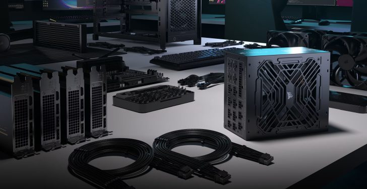 Alimentation Corsair et composants sur une table de travail.