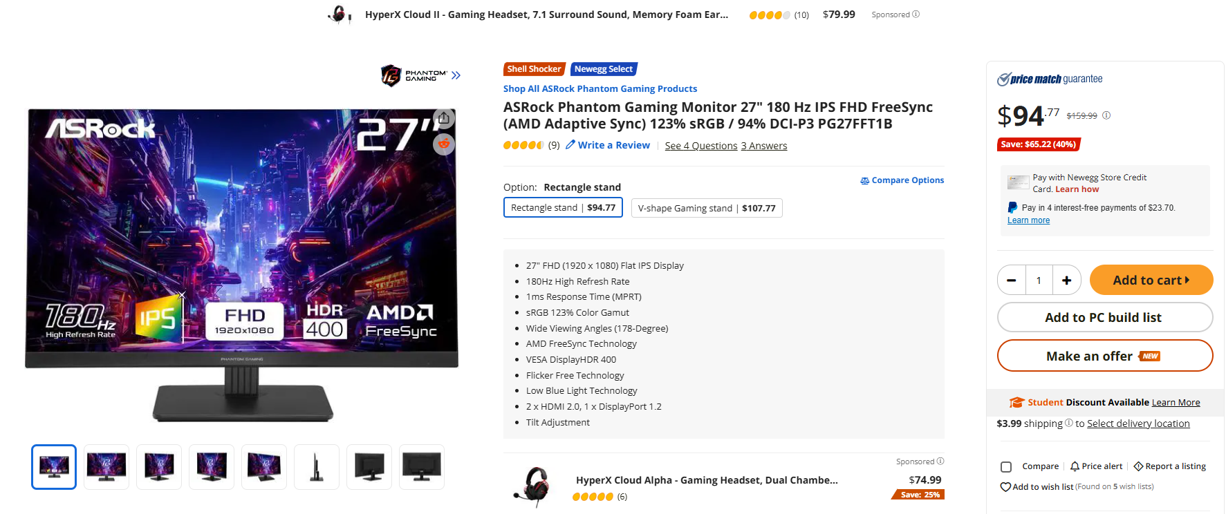 ASRock Phantom Gaming Monitor 27 IPS FHD à 94,77 € sur Newegg, affichant des spécifications telles que 180Hz et HDR 400.