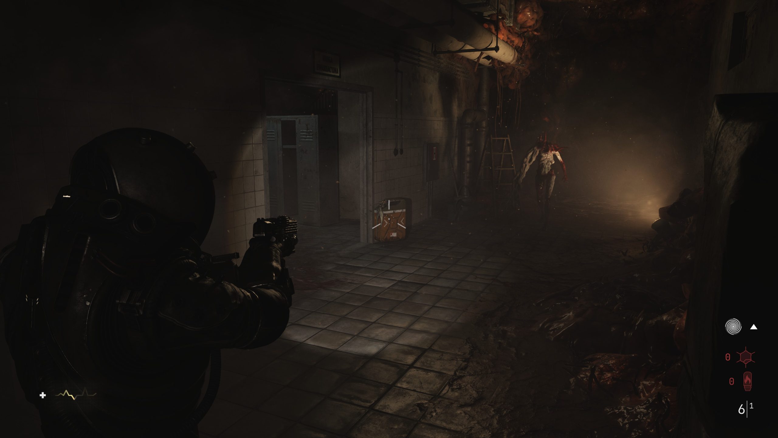 A person in a dark hallway aims a gun at a creature, with “6” bullets shown on a HUD in a video game setting.