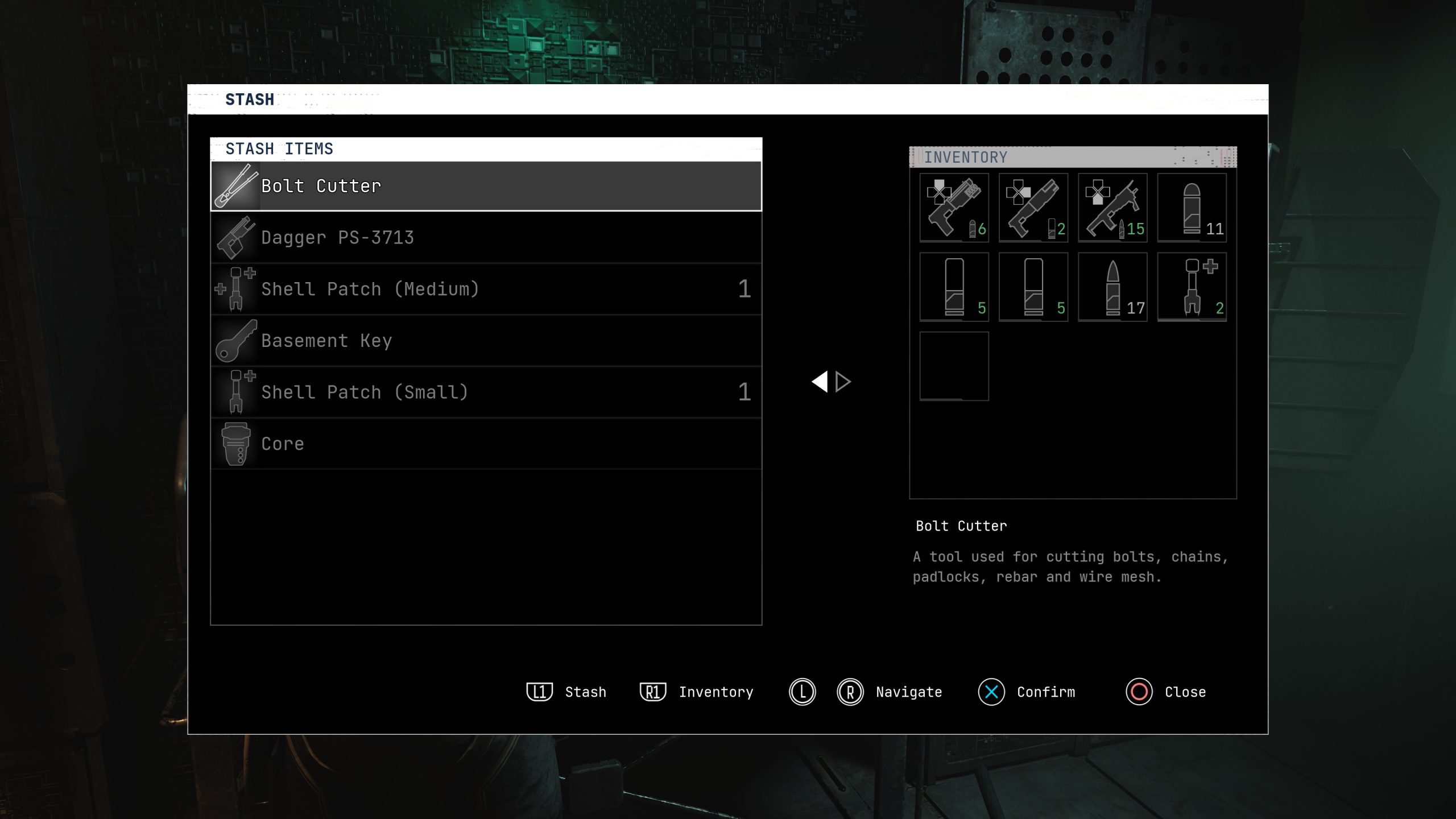 Écran de rangement et d'inventaire affichant des objets comme le Coupe-boulons et Dagger PS-3713 dans un cadre sombre.