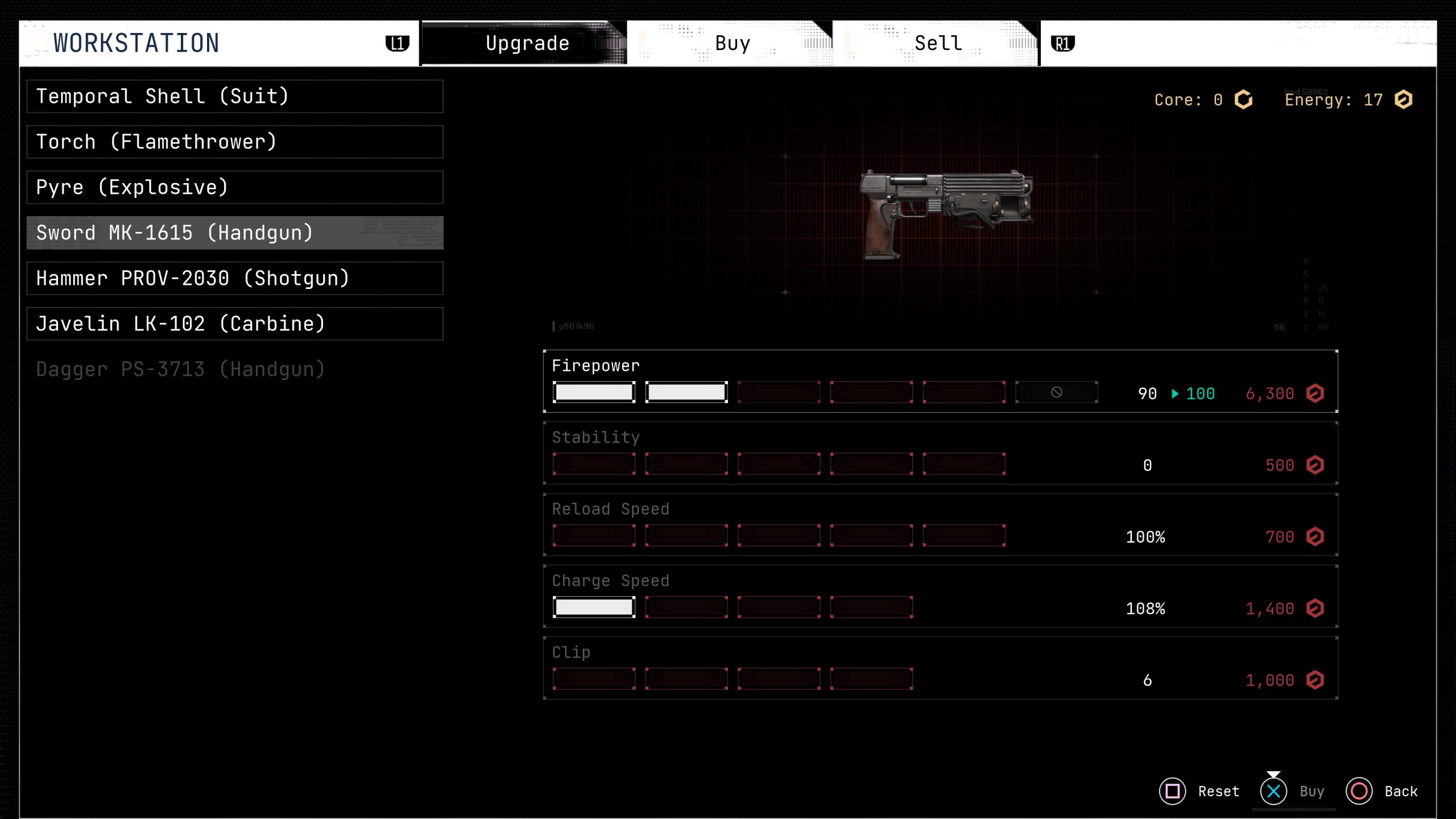 Écran de menu de la station de travail montrant le pistolet Sword MK-1615 avec options d'amélioration.