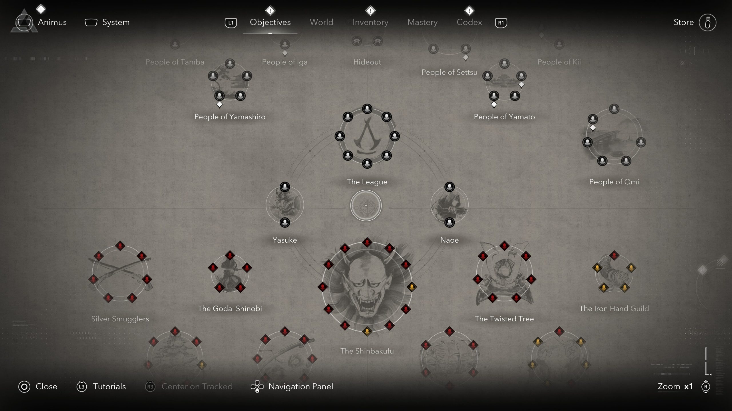 Écran d'interface du jeu Assassin's Creed: Shadows avec le texte The League, The Godai Shinobi, et The Shinbakufu.