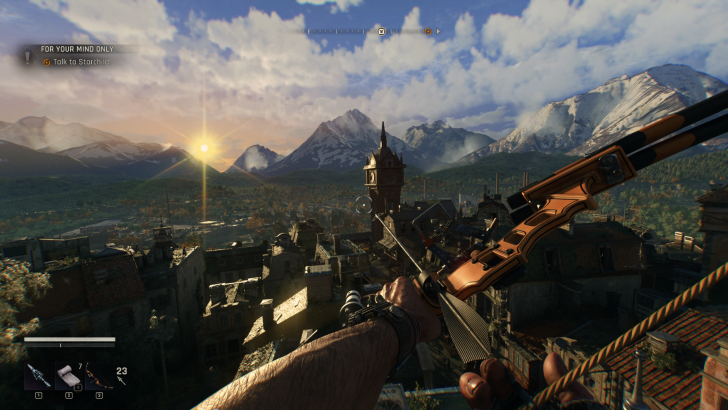 Vue à la première personne d'un arc dans le jeu.