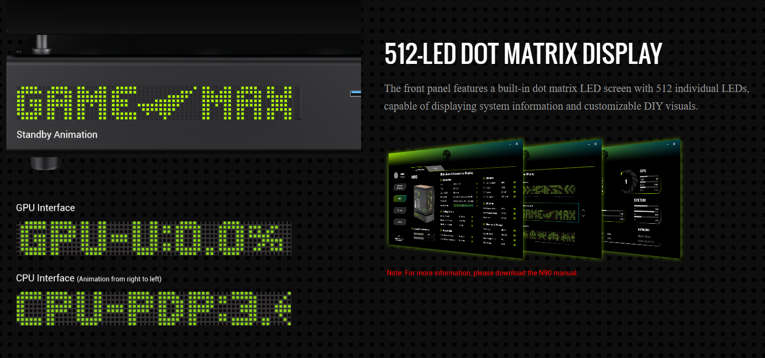 Afficheur matriciel à LED 512 sur le GAMEMAX N90.