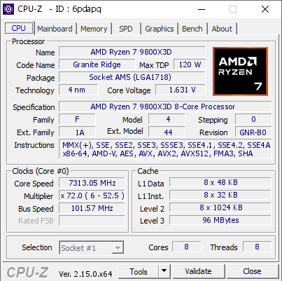 Détails du processeur Ryzen 7 9800X3D affichés par CPU-Z.