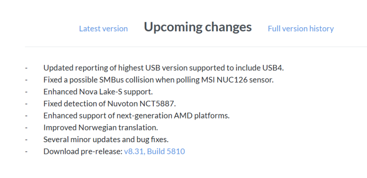 Notes de version v8.31 pour HWiNFO.