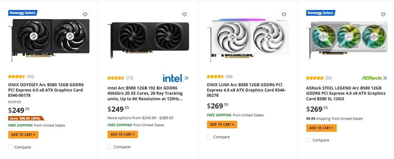 Prix des Arc B580 chez Newegg.