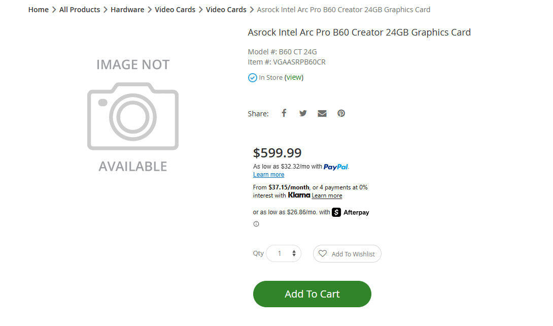 ASRock Intel Arc Pro B60 Creator avec un prix de 599,99 €. Options de financement disponibles.