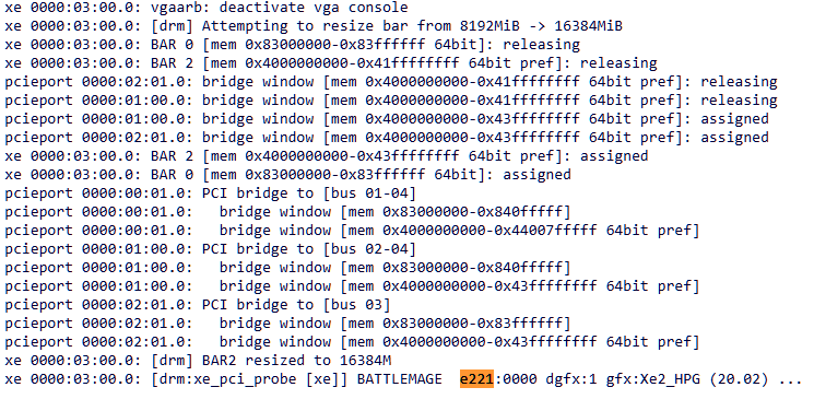 Console output showing BATTLEMAGE and code e221:0000 dgfx:1 gfx:Xe2_HPG (20.02).