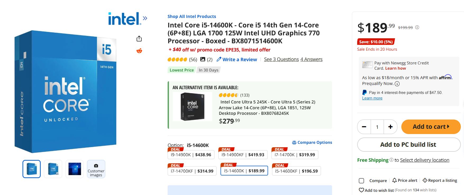 Processeur Intel Core i5-14600K à 189,99 $ affiché avec des offres de réduction et des options de financement.