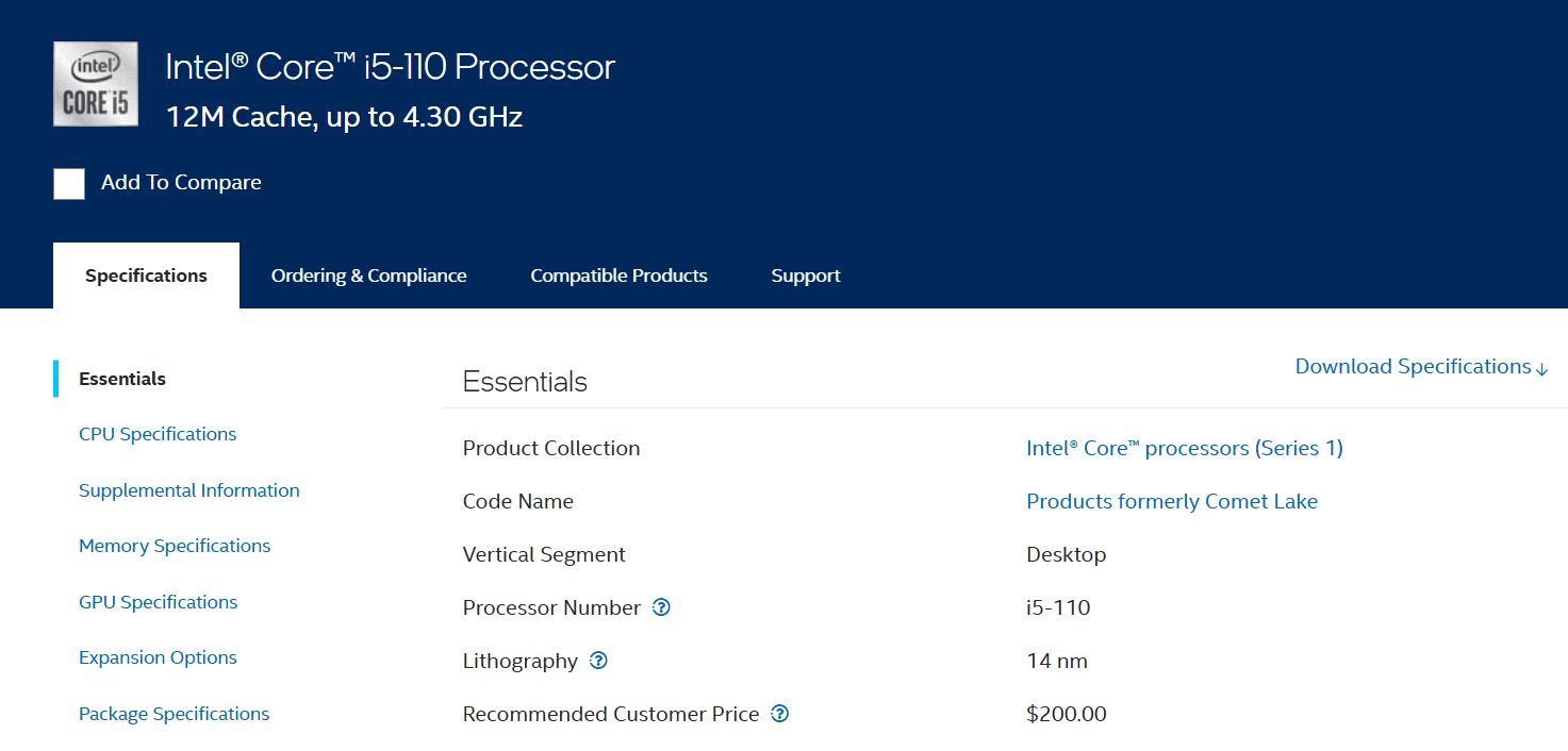 Détails du processeur Core i5-110, avec cache de 12M et jusqu'à 4,30 GHz, proposé à 200,00 $.