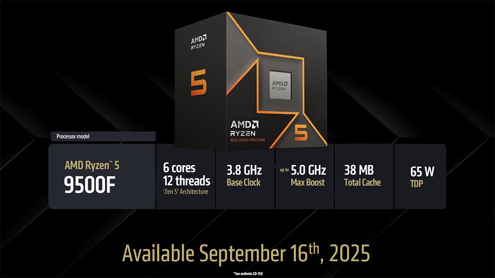 AMD Ryzen 5 9500F avec 6 cœurs, 12 threads, fréquence de base de 3,8 GHz et boost à 5,0 GHz; disponible le 16 septembre 2025.