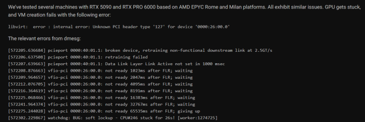 Text on screen details errors involving RTX 5090 and RTX PRO 6000 in VM creation process, with specific error messages listed.